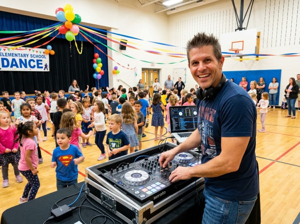 djing at an elementary school dance